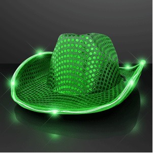 Green Sequin Cowboy Hat with Jade LED Brim - BLANK
